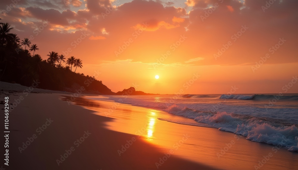 Fototapeta premium Sunset on a beach with palm trees