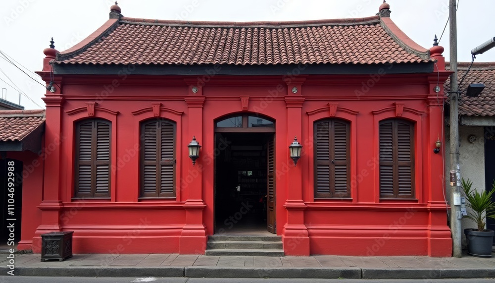 Red building with tiled roof and arched door Red building with tiled roof and arched door