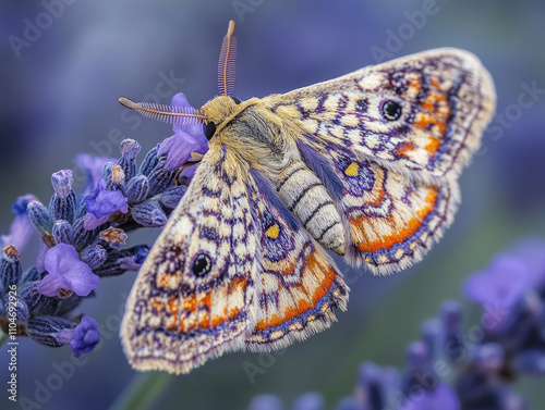 Close-up of a tiny moth�EEfs wings with intricate patterns. photo