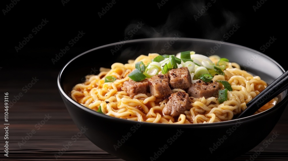 Rich Gourmet Noodle Bowl Close-Up with Steam Rich Gourmet Noodle Bowl Close-Up with Steam