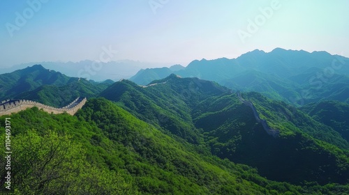 Panoramic view of the Great Wall of China winding through lush green mountains under a clear sky.