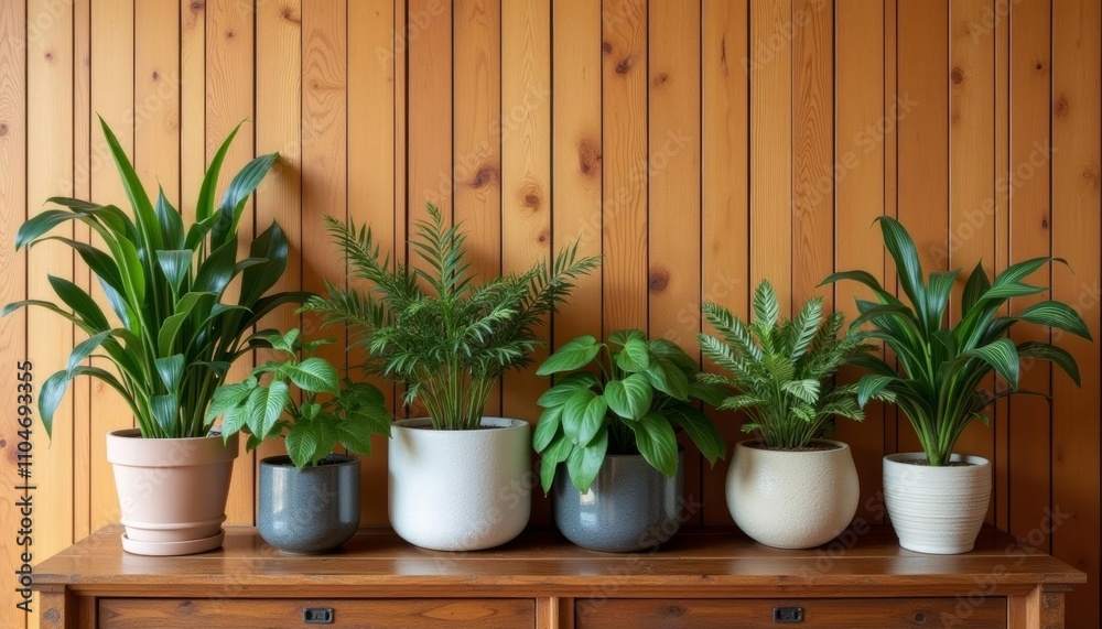 Five potted plants on a wooden table against a wood paneled wall Five potted plants on a wooden table against a wood paneled wall
