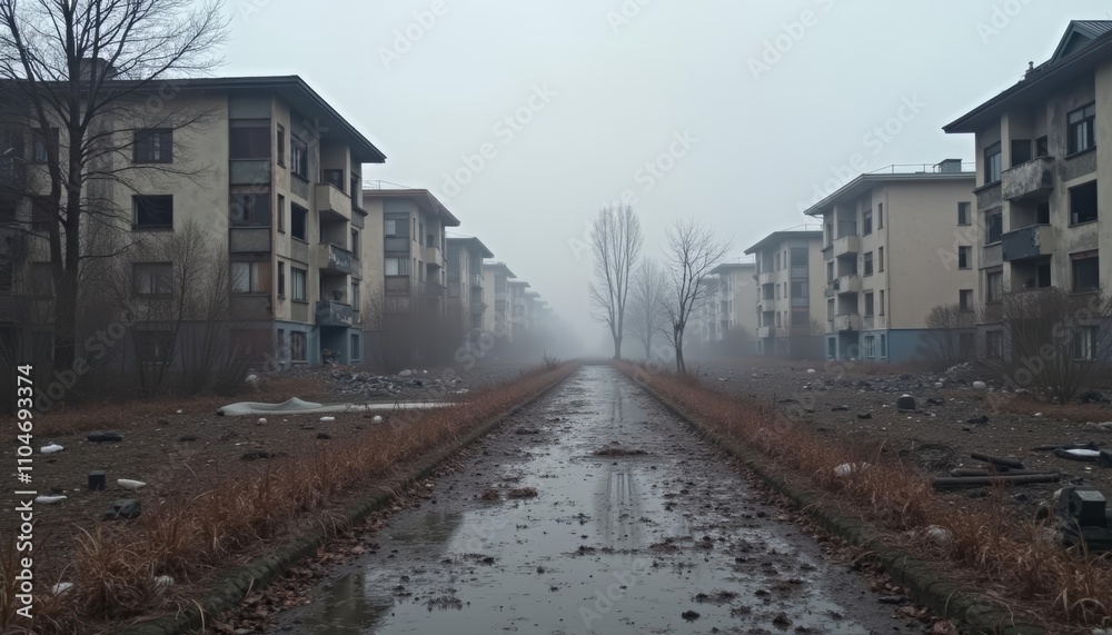 Desolate street lined with abandoned buildings in the fog Desolate street lined with abandoned buildings in the fog