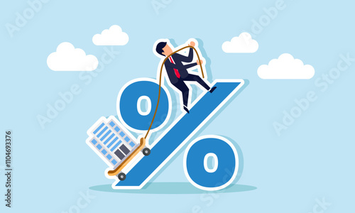 A businessman climbs a percentage sign pulling a company building with a skateboard and rope, illustration of increasing business revenue and profit percentage