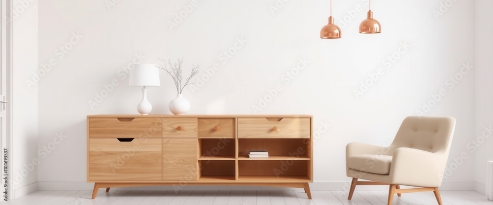 Fototapeta premium Interior with wooden cabinet and armchair 3d rendering