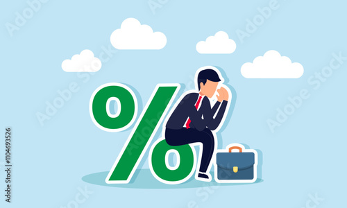 A businessman sits on a percentage symbol looking sad, illustration of disappointment over an unsatisfactory company revenue dividend percentage