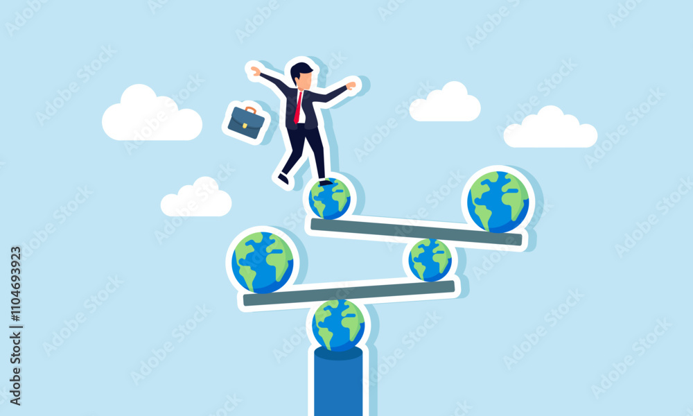 A businessman stands unbalanced on a stack of globes and boards, illustration of maintaining business field consistency to ensure good performance A businessman stands unbalanced on a stack of globes and boards, illustration of maintaining business field consistency to ensure good performance