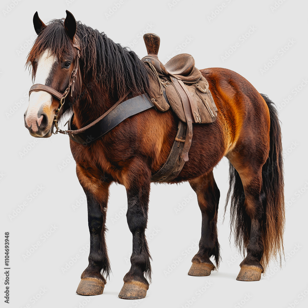 Beautiful brown horse with saddle standing confidently against a neutral background, showcasing its strength and elegance, ideal for equestrian sports and agriculture themes Beautiful brown horse with saddle standing confidently against a neutral background, showcasing its strength and elegance, ideal for equestrian sports and agriculture themes