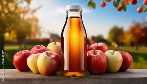 A glass bottle of apple juice with label less and blank label for mock up and branding; a mock up bottle of apple juice with no label for marketing and branding; an apple juice bottle with apples photo