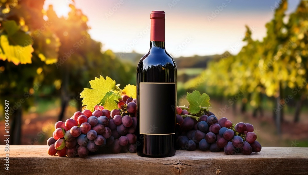 Obraz premium A blank label red wine bottle surrounded by grapes with a blurred background of a vineyard for mock up branding; a single bottle of red wine at a vineyard for mock up and brand placement; graphics