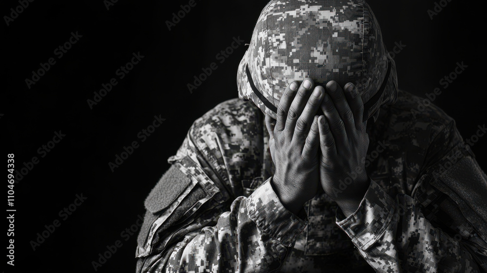 soldier in camouflage uniform expresses deep emotion and reflection soldier in camouflage uniform expresses deep emotion and reflection