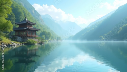 Peaceful riverside pagoda near mountains