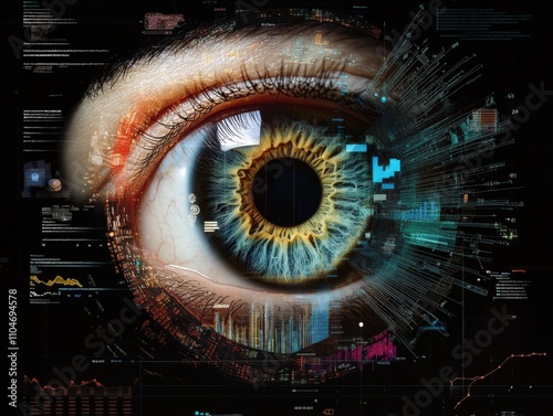 close-up of a human eye with digital data visualization elements photo