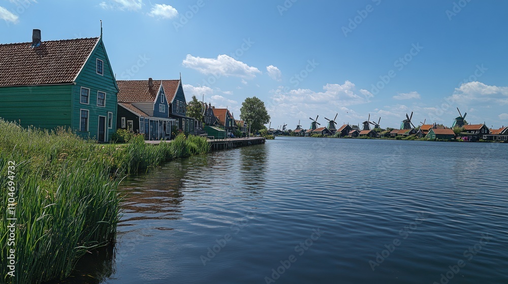 Picturesque Dutch canal village with colorful houses and windmills on a sunny day. Picturesque Dutch canal village with colorful houses and windmills on a sunny day.