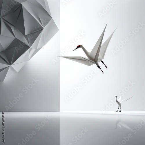 minimalist art featuring origami cranes in a serene environment photo