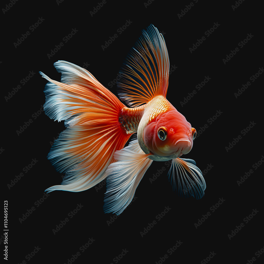 Fototapeta premium Striking Orange and White Goldfish with Flowing Fins Swimming Gracefully Against a Dark Background Captivating Underwater Scene for Aquatic Photography
