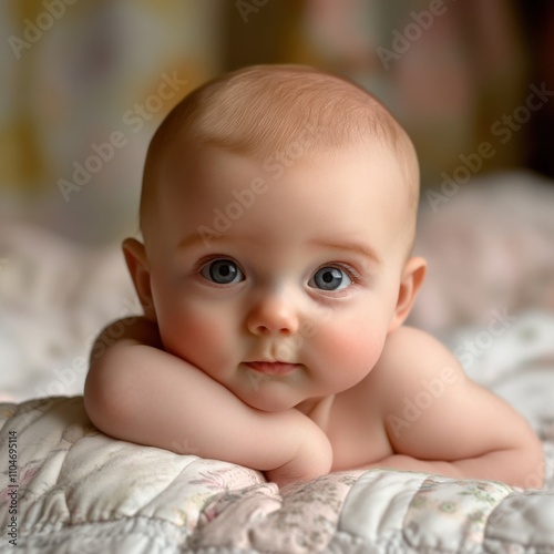 adorable baby with big blue eyes resting on quilted blanket