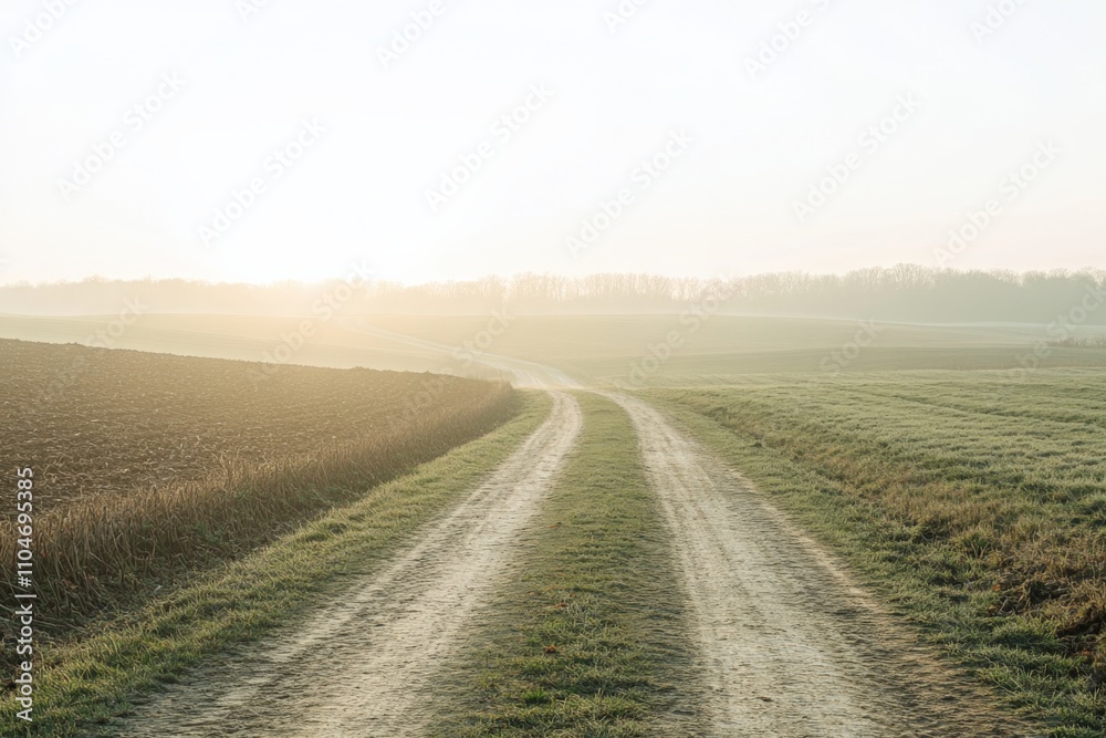 Naklejka premium a serene dirt road winding through a peaceful landscape at sunrise