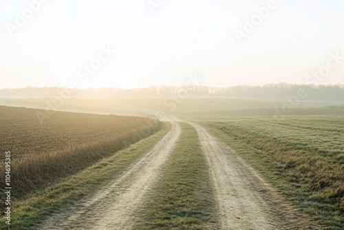 a serene dirt road winding through a peaceful landscape at sunrise