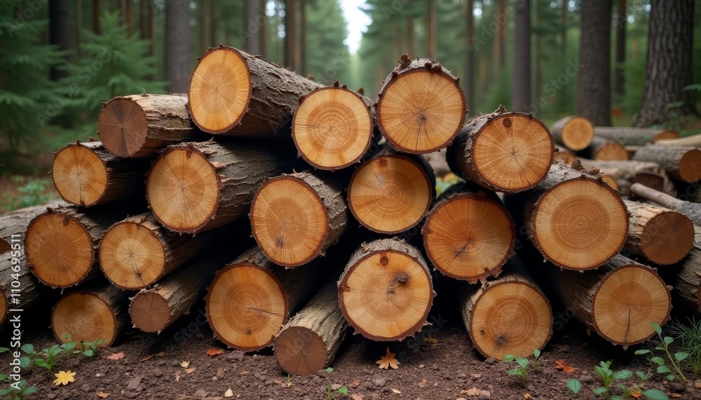 Pile of cut logs in forest or Felled trees stacked on ground