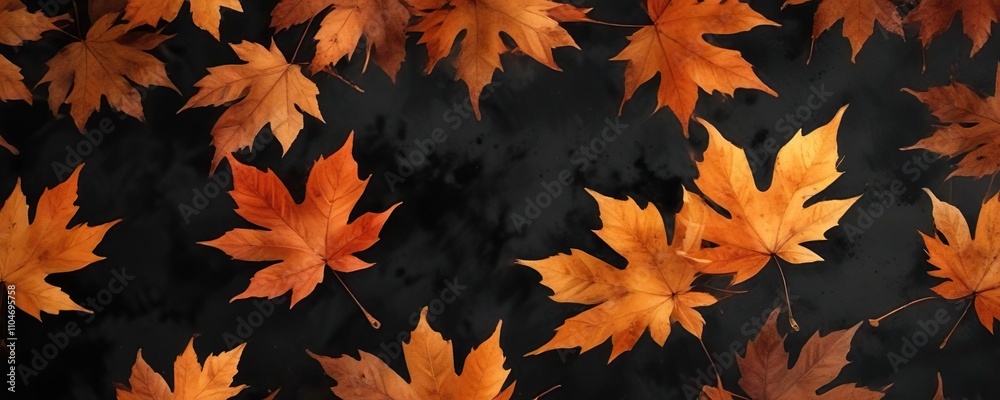 Black and orange abstract autumn leaves with watercolour effects on a dark background, spooky atmosphere, orange, black Black and orange abstract autumn leaves with watercolour effects on a dark background, spooky atmosphere, orange, black