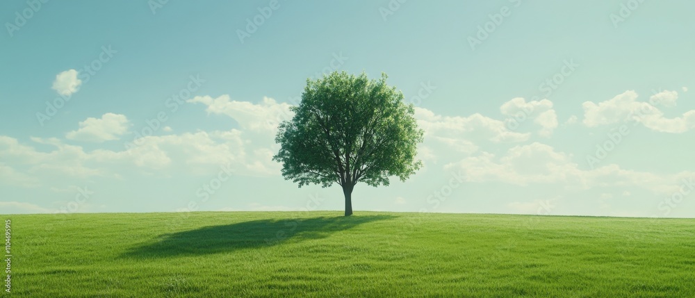 Fototapeta premium a solitary tree standing on a green hill under a clear blue sky