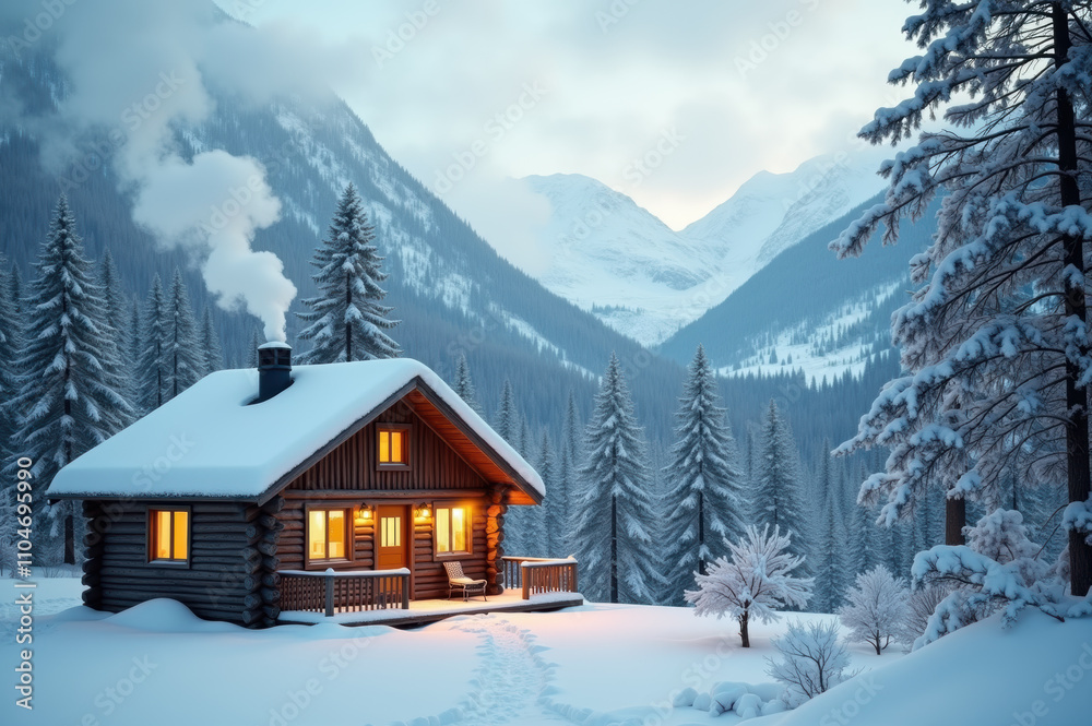 Cozy winter cabin in snowy mountain landscape at sunrise Cozy winter cabin in snowy mountain landscape at sunrise