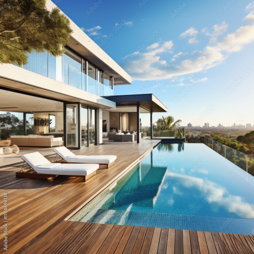 Obraz premium modern house with pool and panoramic view