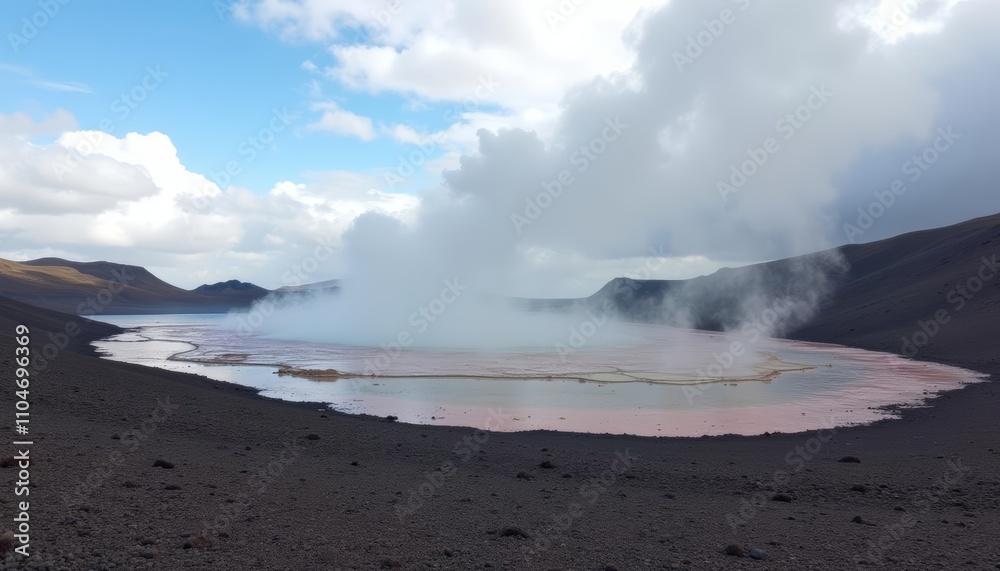 Steam rising from a volcanic lake, creating an ethereal atmosphere in a landscape with dark hills Steam rising from a volcanic lake, creating an ethereal atmosphere in a landscape with dark hills