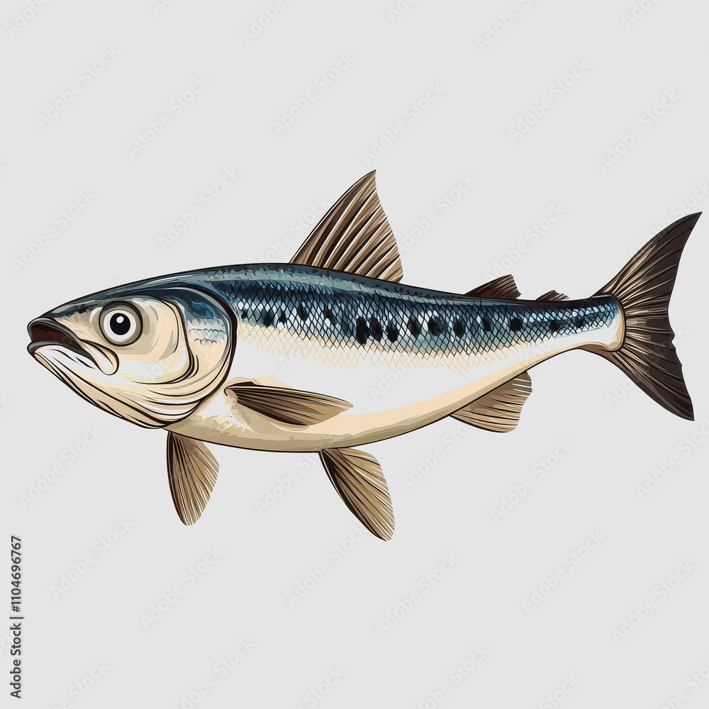 Obraz premium Detailed Illustration of a Realistic Fish with Shiny Scales and Fins, Set Against a Light Grey Background, Perfect for Aquatic and Culinary Themes