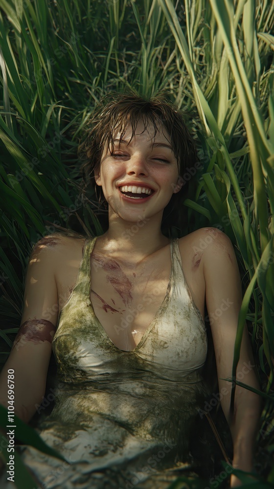 Joyful person lying in lively green grass on a sunny day surrounded by nature Joyful person lying in lively green grass on a sunny day surrounded by nature