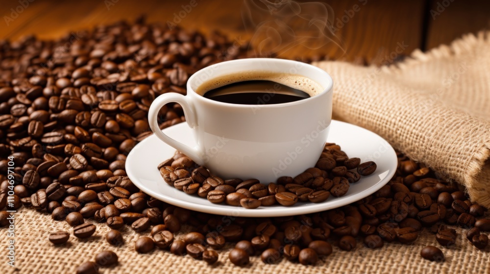 freshly brewed coffee with roasted beans on a rustic background freshly brewed coffee with roasted beans on a rustic background