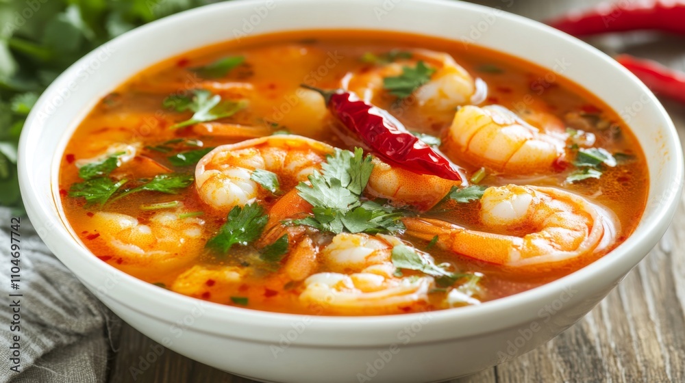 Spicy Shrimp Soup with Fresh Ingredients and Colorful Garnish Spicy Shrimp Soup with Fresh Ingredients and Colorful Garnish