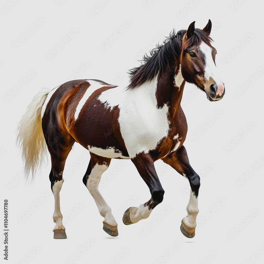 Naklejka premium A Beautiful Brown and White Paint Horse Galloping Gracefully Across a Light Background, Showcasing Its Majestic Presence and Gentle Nature in Full Motion