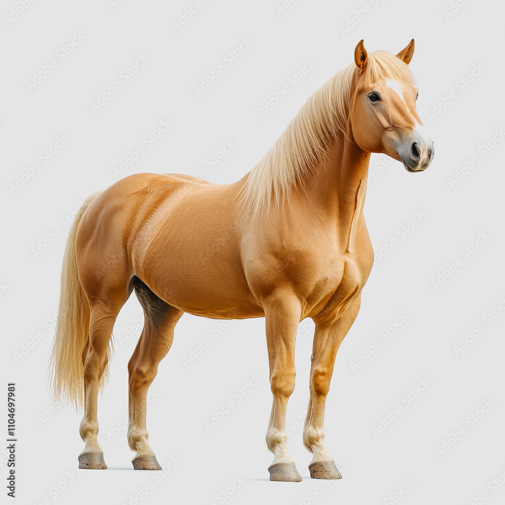 Obraz premium Beautiful Palomino Horse Standing Gracefully Against a Neutral Background with High Detail Showcasing Its Glossy Coat and Strong Build Perfect for Equine Enthusiasts