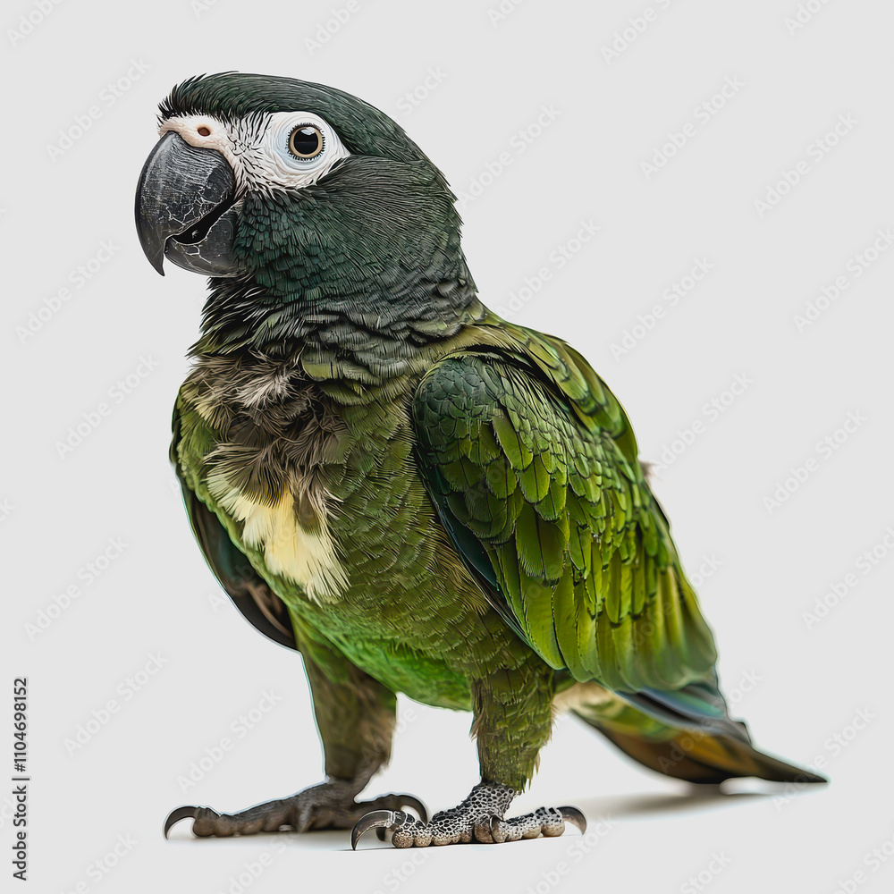 Obraz premium Vibrant Green Parrot with Distinctive Facial Markings Posing Against a Light Background, Showcasing Colorful Feathers and Unique Features of a Tropical Bird