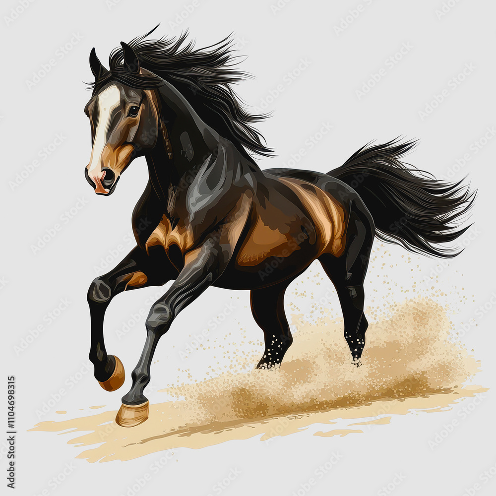 Majestic Black and Brown Horse Galloping in Sand with Mane Flowing in Wind Captured in Stunning Illustration Style for Equestrian and Nature Enthusiasts Majestic Black and Brown Horse Galloping in Sand with Mane Flowing in Wind Captured in Stunning Illustration Style for Equestrian and Nature Enthusiasts