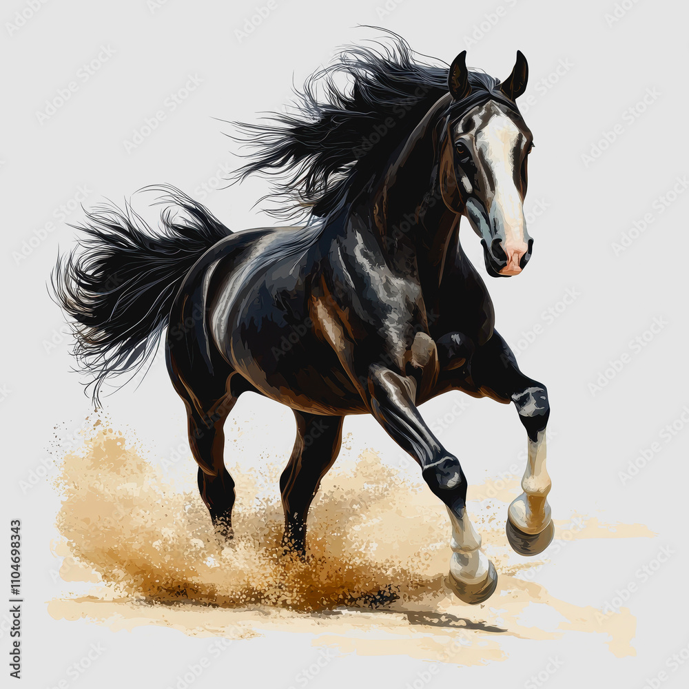 Majestic Black Horse Galloping Dynamically Through Dusty Terrain with Flowing Mane and Graceful Power, Capturing the Spirit of Freedom in Nature's Wild Setting Majestic Black Horse Galloping Dynamically Through Dusty Terrain with Flowing Mane and Graceful Power, Capturing the Spirit of Freedom in Nature's Wild Setting