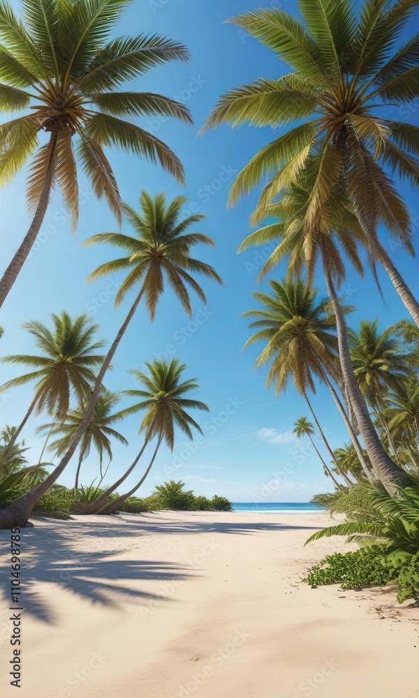 Sandy beach lined with palm trees under a clear blue sky, serene, ocean, distressed Sandy beach lined with palm trees under a clear blue sky, serene, ocean, distressed