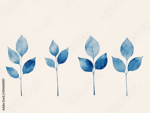 blue watercolor leaves on a light background for nature and design themes photo