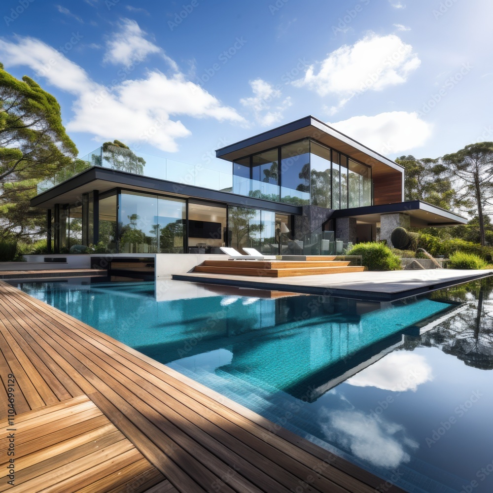 Fototapeta premium modern house with swimming pool and landscaped garden