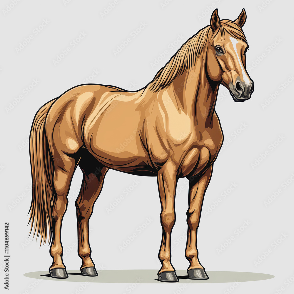 Obraz premium Majestic Brown Horse Standing Proudly in a Studio Setting, Showcasing Detailed Muscles and a Shiny Coat, Perfect for Equine Enthusiasts and Artistic Projects