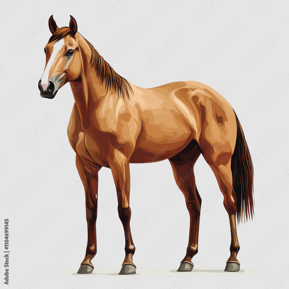 Obraz premium Detailed Illustration of a Majestic Brown Horse Standing Proudly on a Neutral Background, Showcasing Its Beautiful Coat and Strong Build for Animal-Themed Artistic Projects