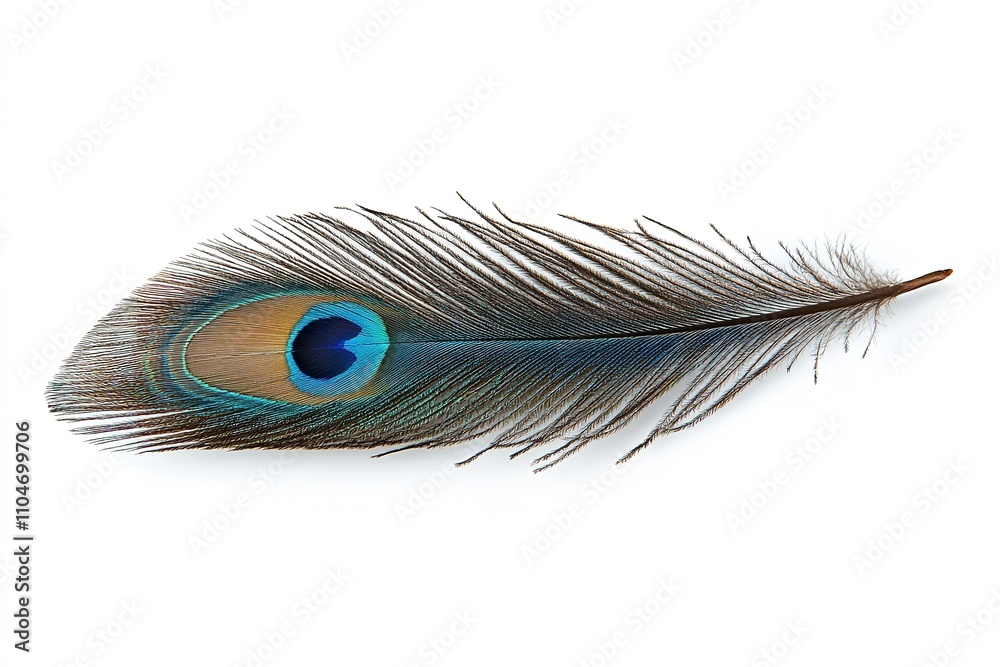 Obraz premium Excellent quality peacock feather isolated on a white backdrop. Generative Ai