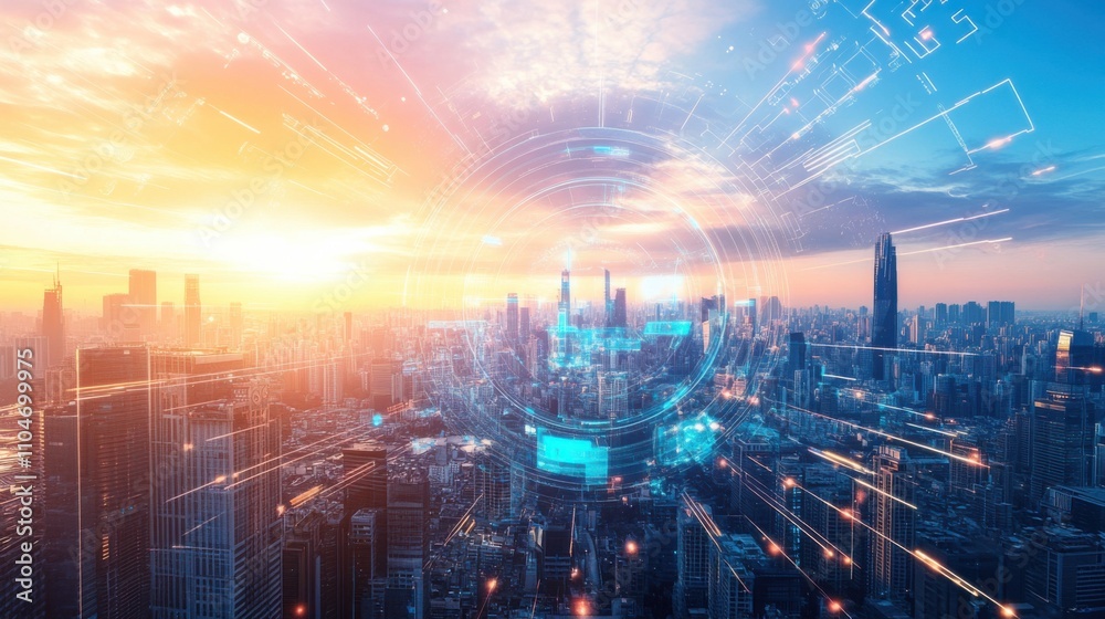 Fototapeta premium A futuristic education center, dynamic cityscape at sunrise, Educational style