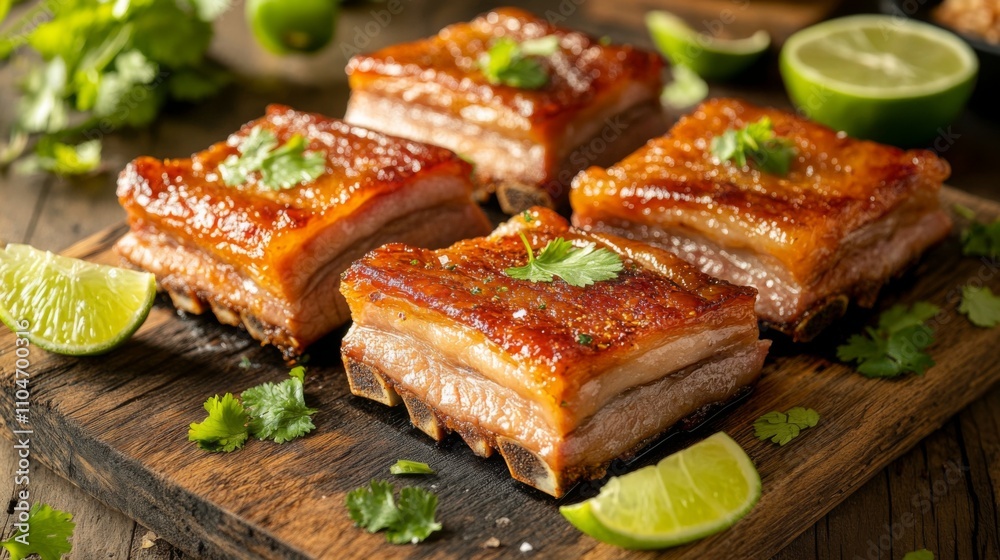 Crispy Pork Belly with Lime and Fresh Cilantro on Wooden Board Crispy Pork Belly with Lime and Fresh Cilantro on Wooden Board