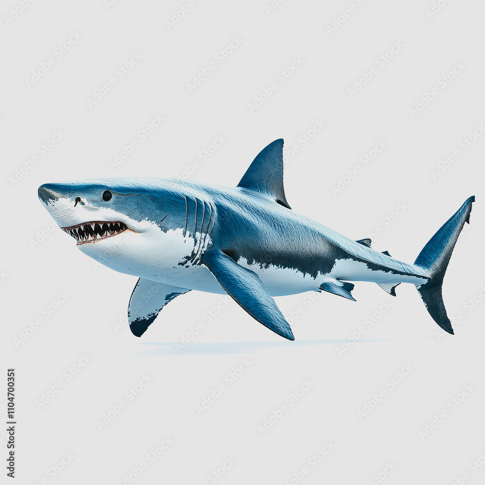 Fototapeta premium Realistic 3D Rendering of a Great White Shark Swimming Gracefully Underwater Surrounded by Blue Ocean Waves and Vibrant Marine Life Elements