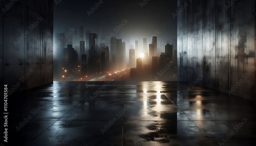 Wet Cityscape Viewed From A Concrete Platform