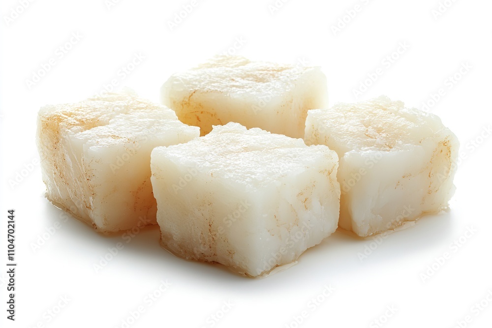 Excellent quality square chunks of cod meat isolated on a white backdrop. Generative Ai Excellent quality square chunks of cod meat isolated on a white backdrop. Generative Ai