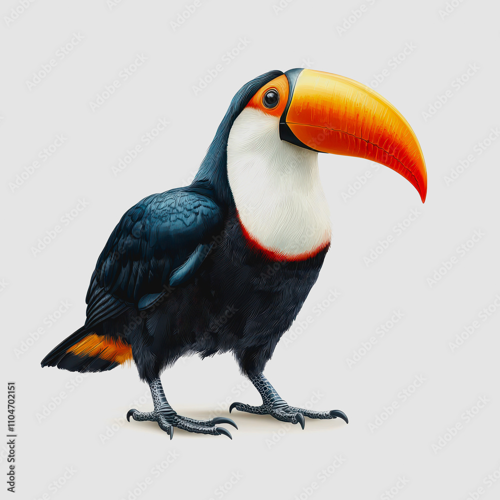 Obraz premium Vibrant Tropical Toucan with Bright Orange Bill and Glossy Black Feathers Set Against a Neutral Gray Background Perfect for Nature and Wildlife Themes